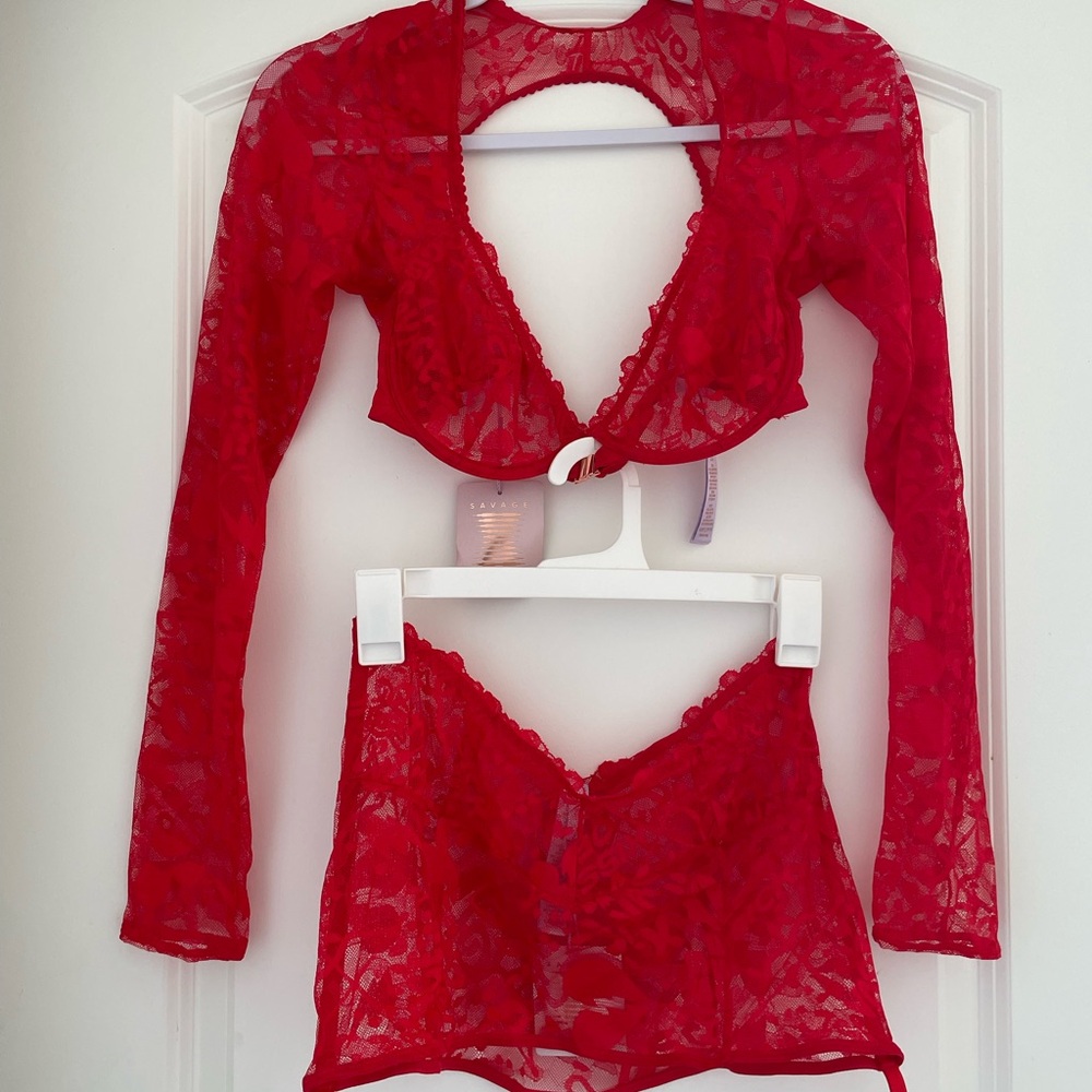 Savage X Fenty Lovestruck Lace bra top and garter skirt